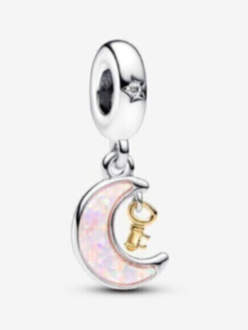Pandora Silver Moon Opal Dangle Charm with Gold Key Accent